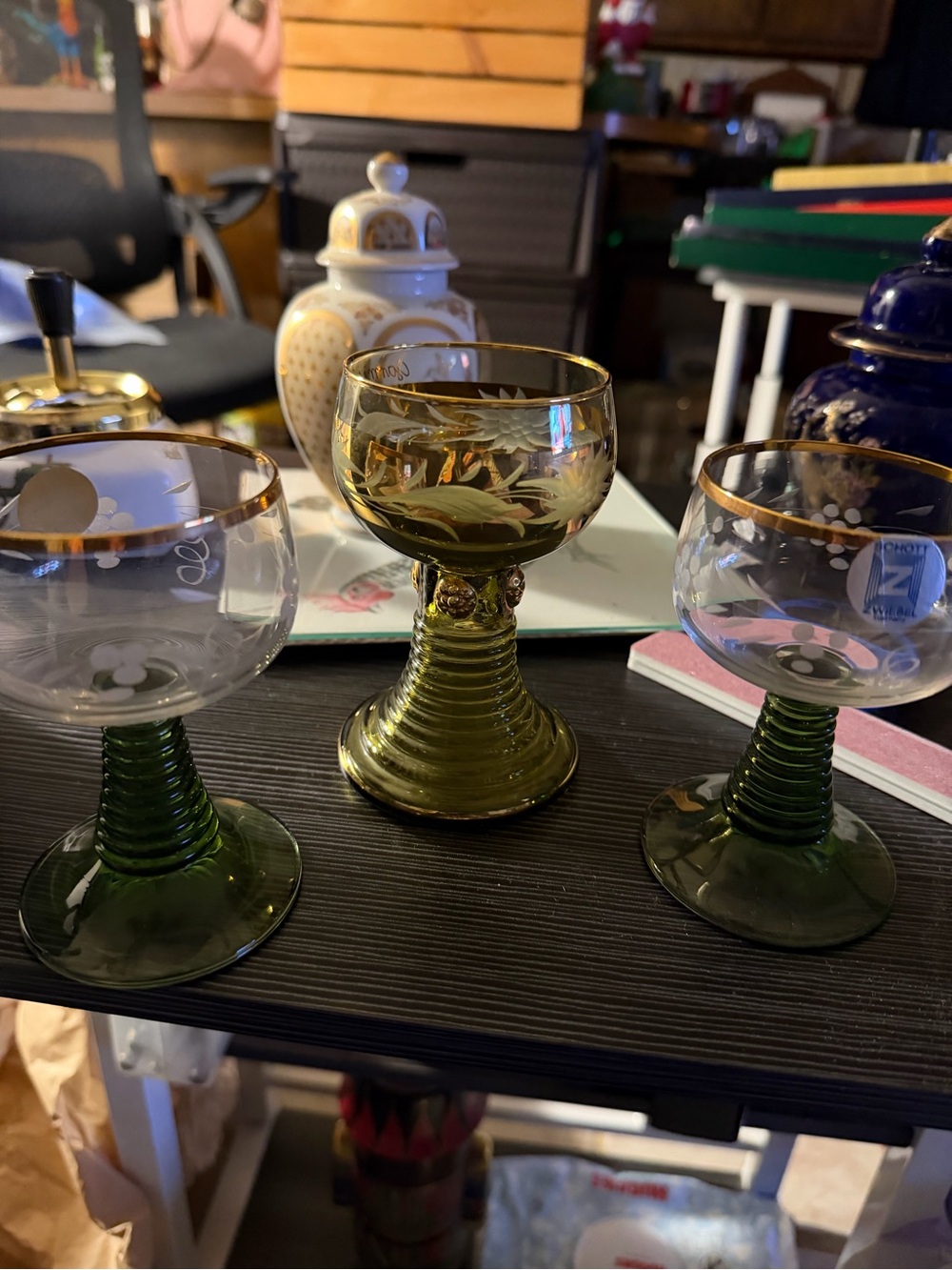 Ornate Green Glass Goblet Set with Gold Trim